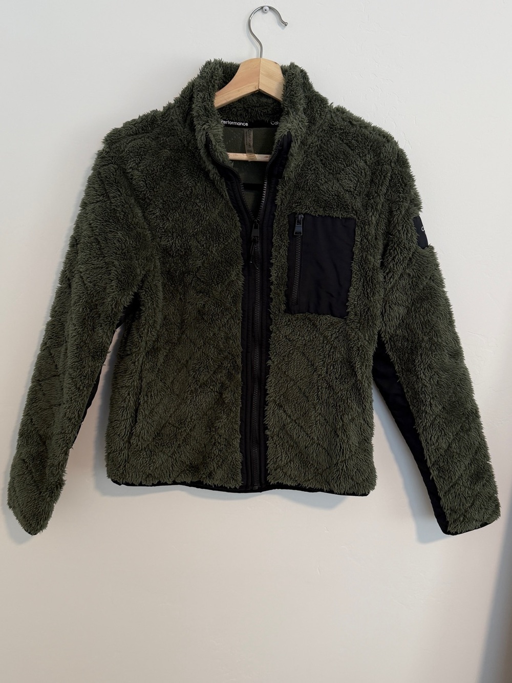 Calvin Klein Small Women’s Olive Green Sherpa Fleece Jacket with Black Accents